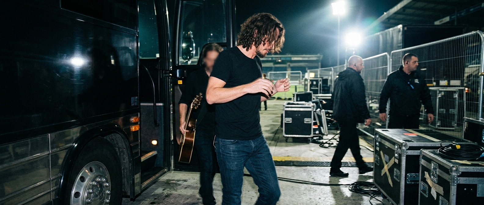 Ed Sheeran and Isaac Slade perform on stage under bright stadium lights during a live concert — Ed Sheeran Brings Out The…