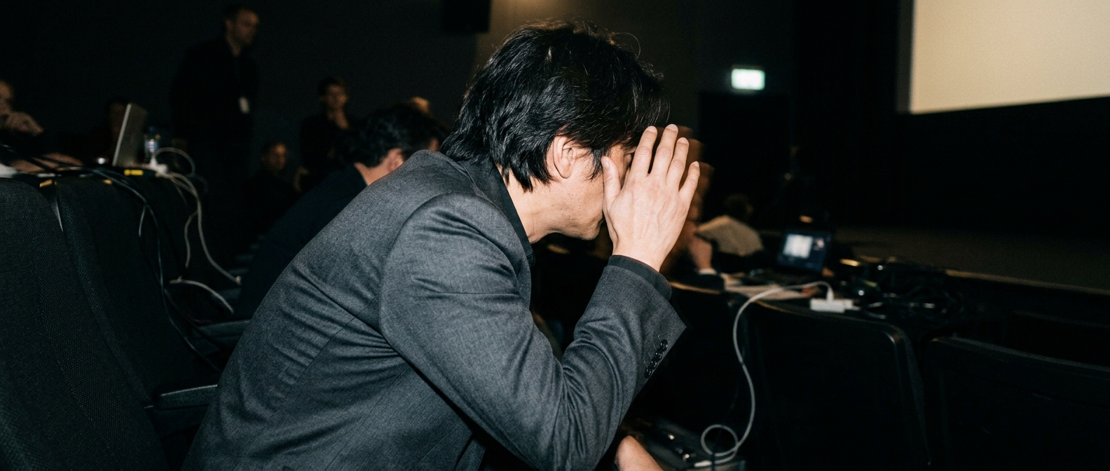 A silhouetted film festival juror watches a screening during the Busan International Film Festival deliberations.