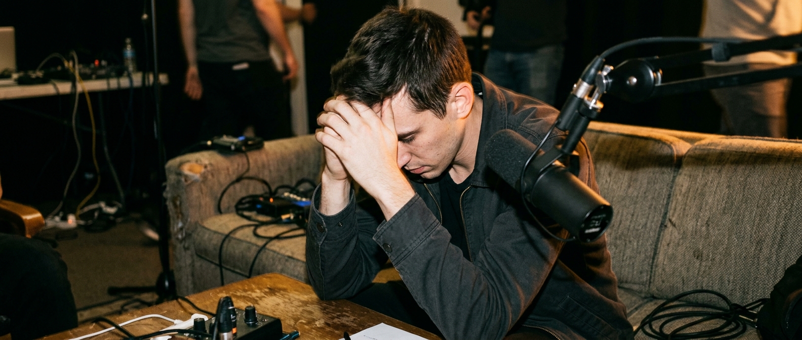 RJ Mitte reflecting during a studio podcast recording while discussing his career and Breaking Bad role — RJ Mitte Looked…