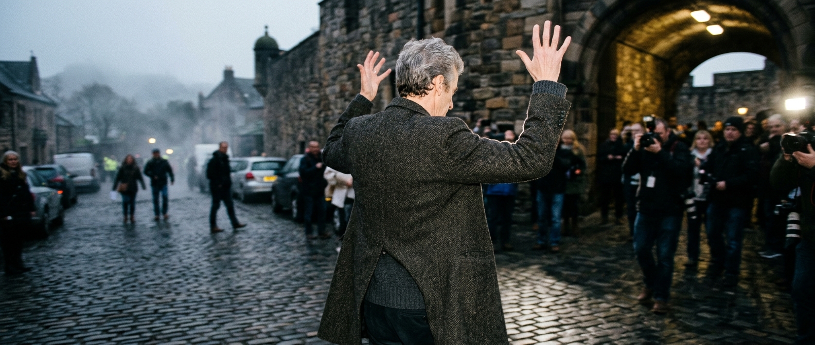 Contestant reacts in shock outside the Scottish castle following the Celebrity Traitors Round Table banishment — Celebrity…