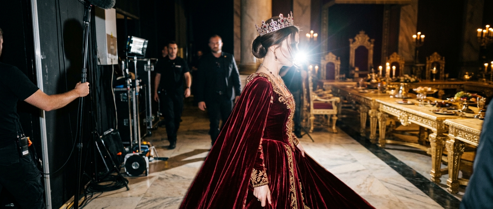 Shin Min-a style empress in royal velvet gown turning away in a palace hall from The Remarried Empress