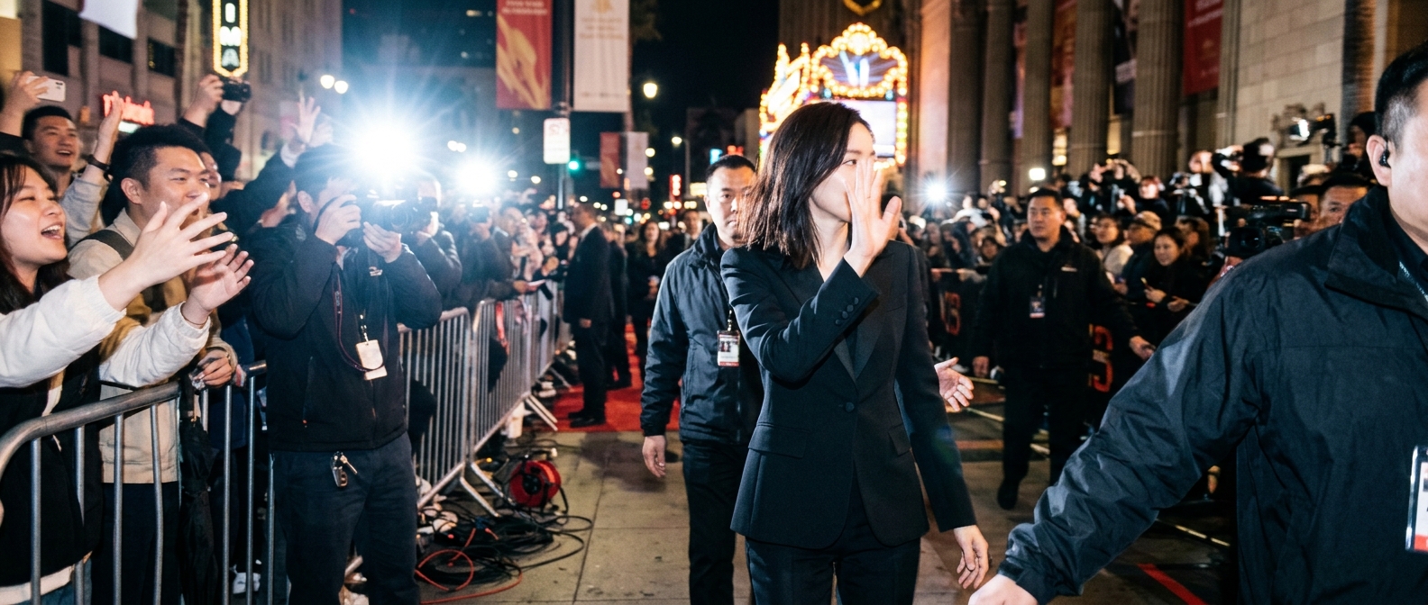 A woman in a black blazer turns away from flashing cameras on the Busan International Film Festival red carpet — Busan Fil…