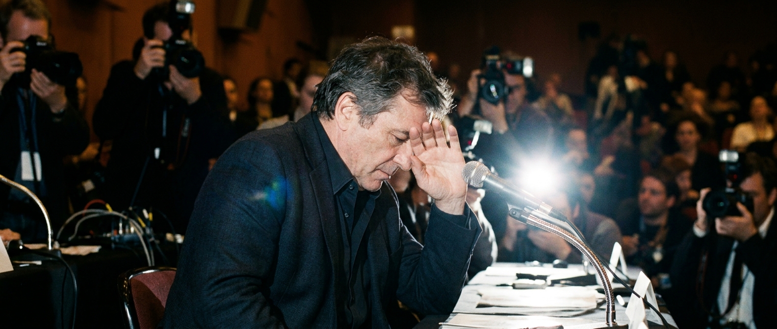 Director Majid Majidi leans toward a press microphone under bright lights at the Busan Film Festival.