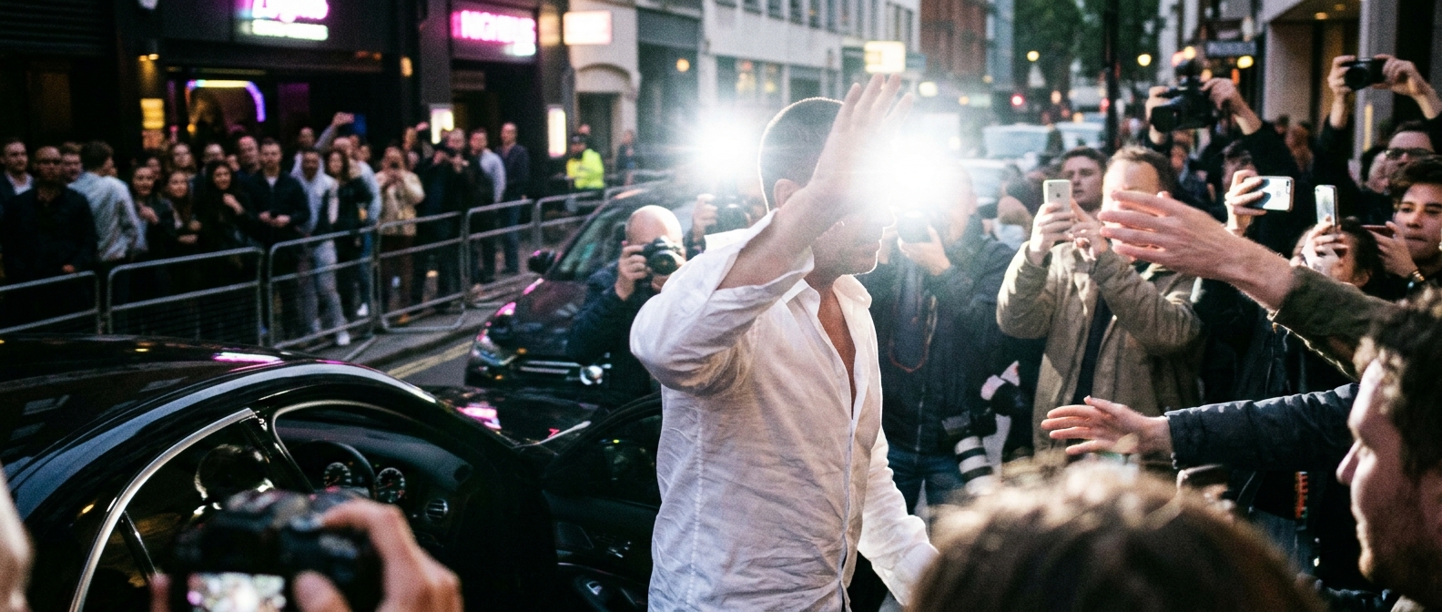 Simon Cowell shields his face from flashbulbs outside a television studio following his cosmetic filler revelations.