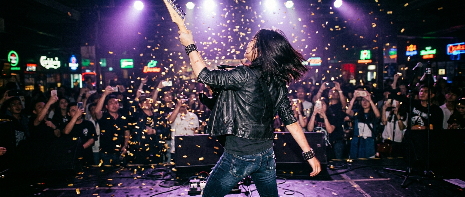 Nene Royal holds her guitar high on the America's Got Talent stage under falling confetti after her historic win.