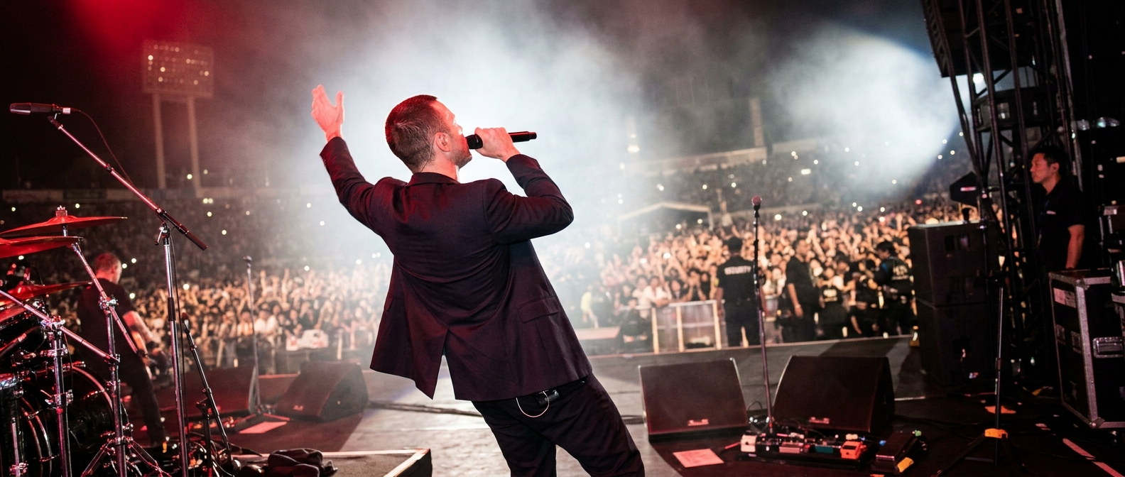 The Weeknd performing dramatically on stage under red arena lights in Japan during surprise anime song debut.