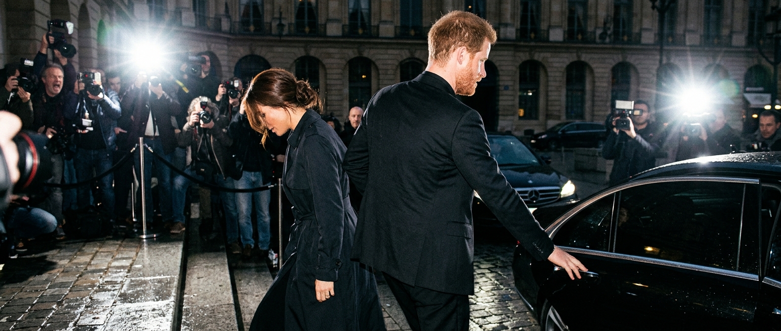 Prince Harry and Meghan Markle walking past flashing cameras in dark coats on city steps.