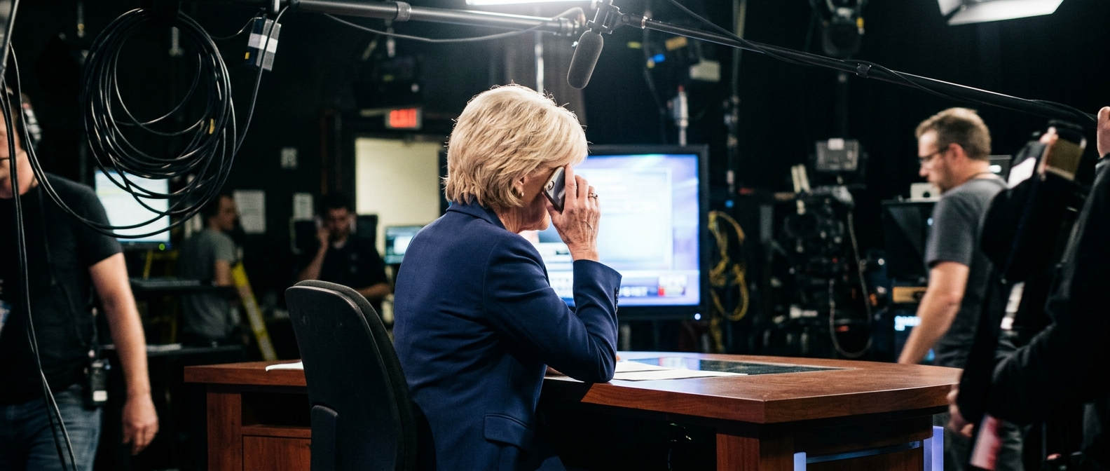Lesley Stahl behind the news desk during a 60 Minutes broadcast recording in the studio — Bari Weiss and the 60 Minutes Pr…